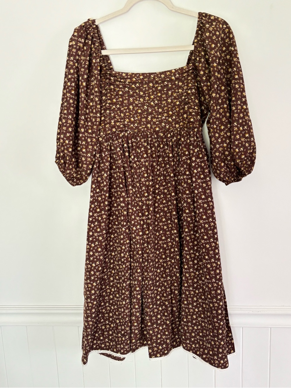 Elloh Brown Dainty Floral Midi Dress Size Small/Medium Cottagecore Milkmaid *C53